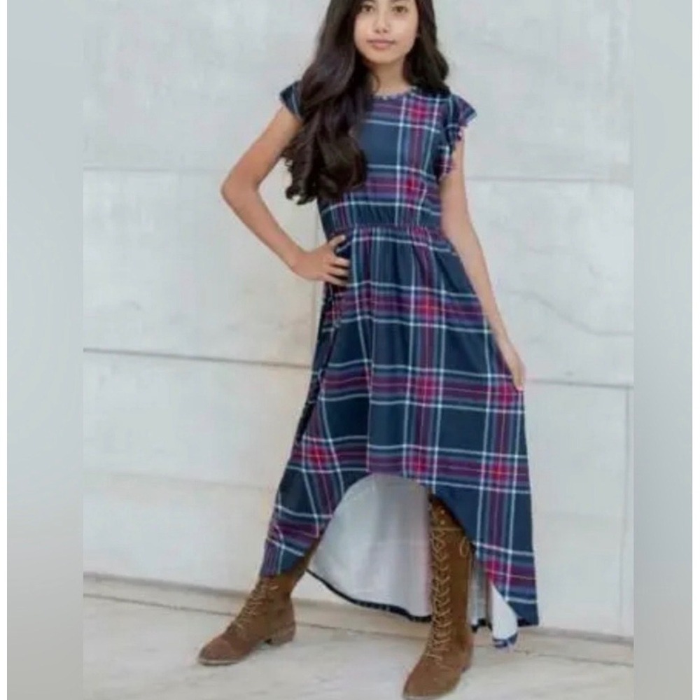 Mia Joy Joyfolie Girls Plaid High Low Dress Flutter Sleeve Pockets Blue Red 10
